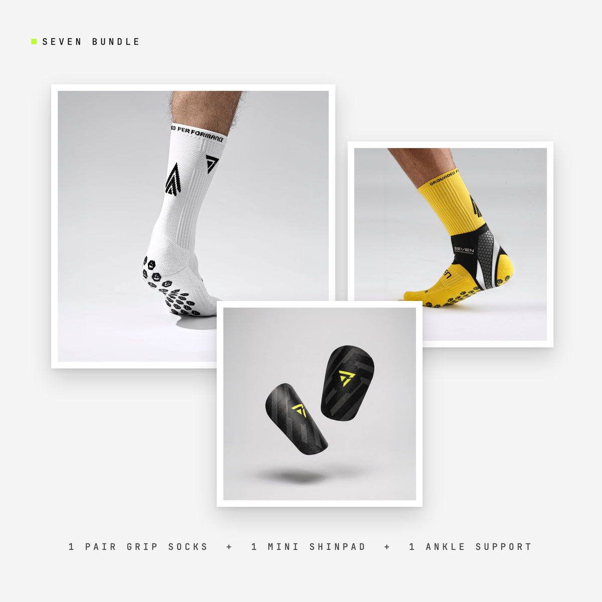 Seven Full Layer bundle: white performance socks + Mini Shinpad + Ankle Support